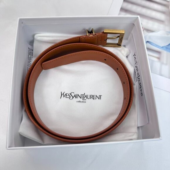 YSL Yves Saint Laurent Brown Cowhide Leather Belt Size 85 Gold Buckle - Picture 1 of 9